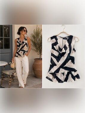 Emporio Armani Y2K Silk Zebra Print Cowl Neck Peplum Top Blouse Sz 10